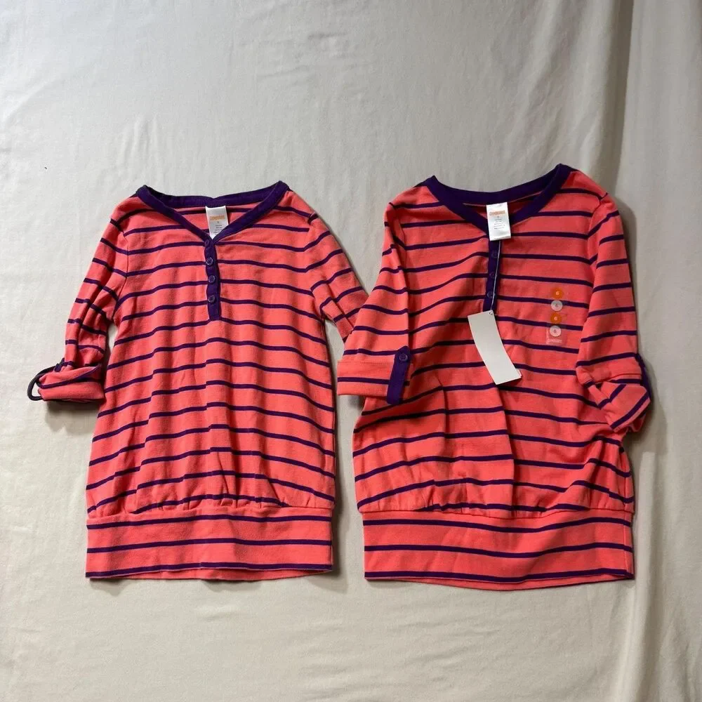 Gymboree Shirts Girl's 6 Set of 2 Twin Matching Pair Peach Purple Striped Tops